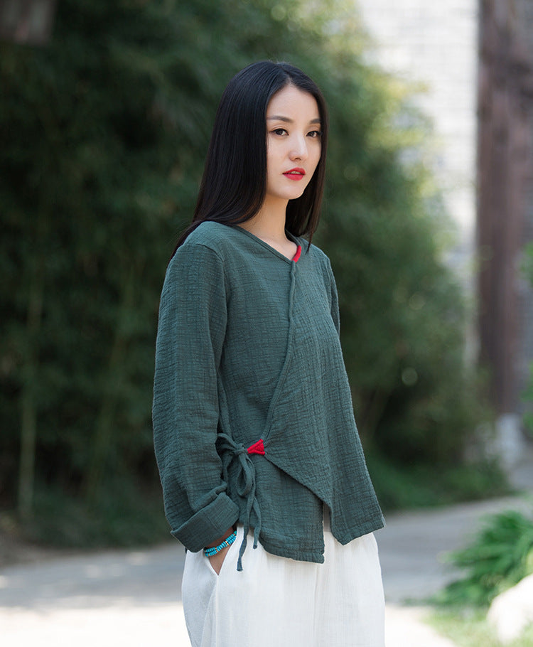 Women Zen Style Linen and Cotton Long Sleeves Side Cardigan Wrinkled Shirt
