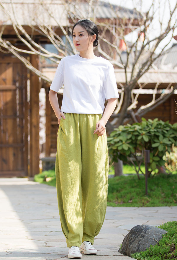 2022 Summer NEW! Women Causal Style Lantern Leisure Sand Washed Linen and Cotton Patchwork Pants