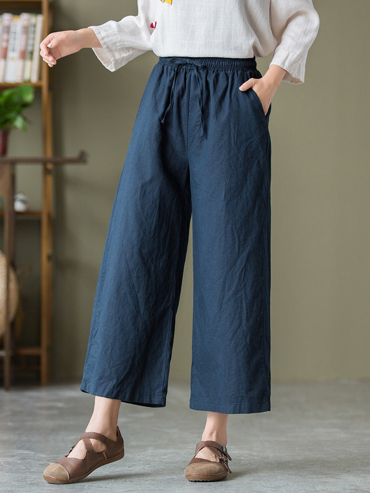 Autumn NEW! Women Linen and Cotton Causal Cropped Wide Leg Pants