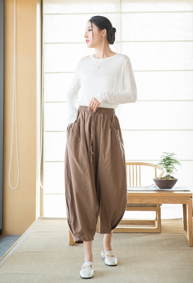 Summer NEW! Women Modern Style Sand Washed Linen and Cotton Lantern Cropped Pants