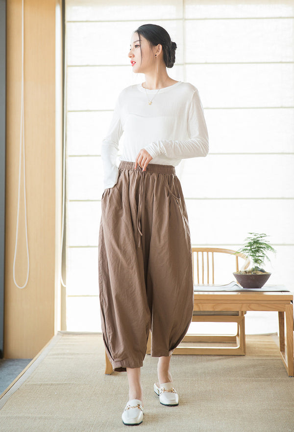 2022 Summer NEW! Women Modern Style Sand Washed Linen and Cotton Lantern Cropped Pants