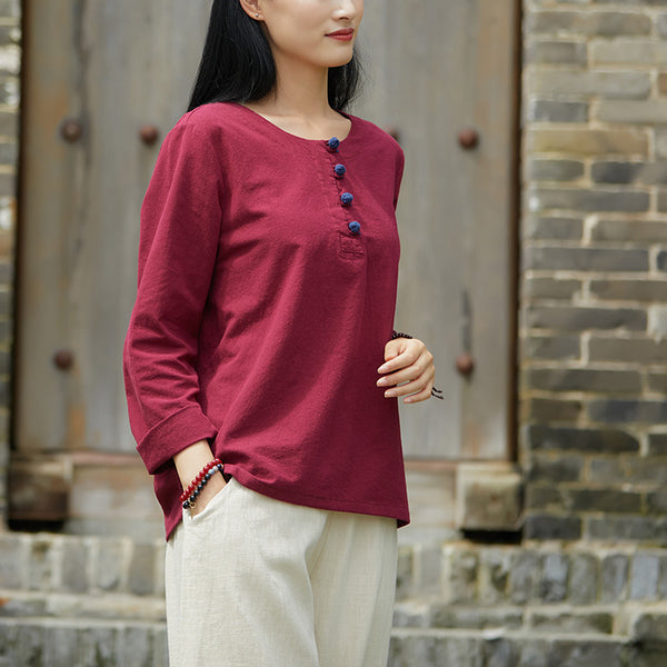 2021 Autumn NEW! Women Retro Style Linen and Cotton Pure Color Top Buckle T-Shirt
