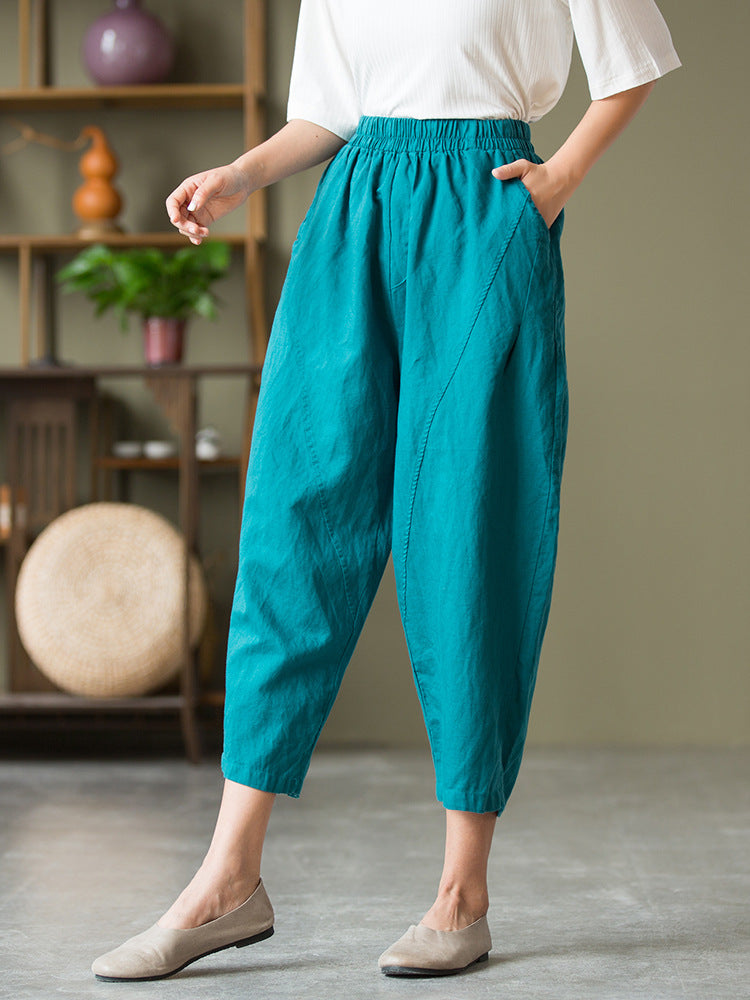 Autumn NEW! Women Lantern Style Linen and Cotton Causal Loose Patchwork Cropped Capris