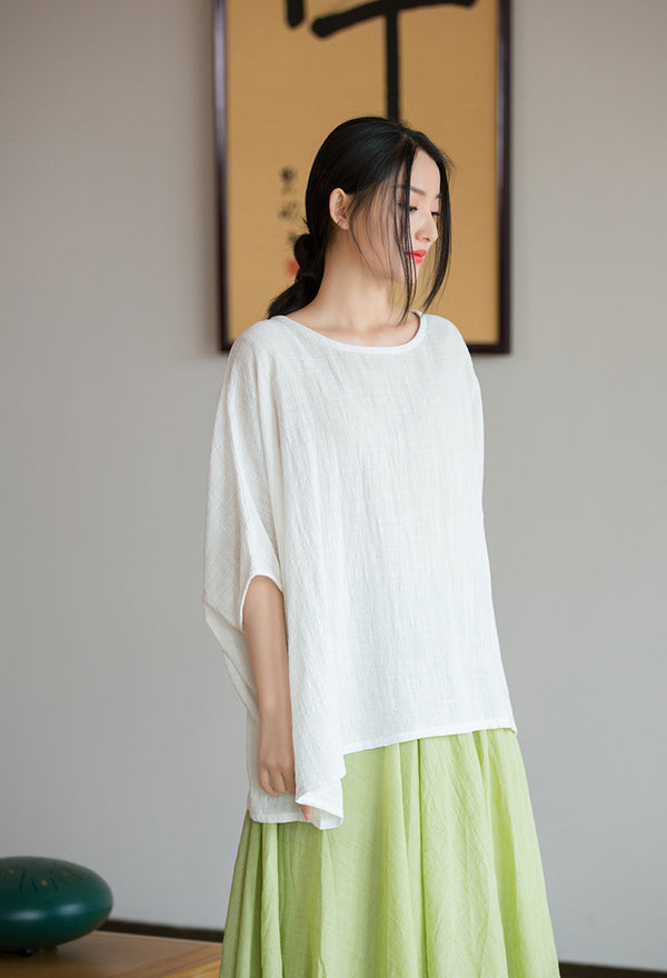 2022 Summer NEW! Women Chinese Style Linen and Cotton Rounded necked Loose Mid Sleeve T-Shirt