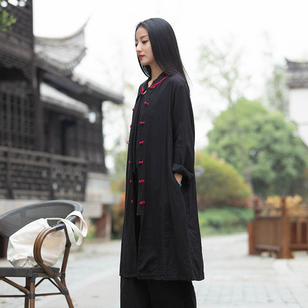 Women Round Collar Asian Style Linen and Cotton Long-sleeved Coat