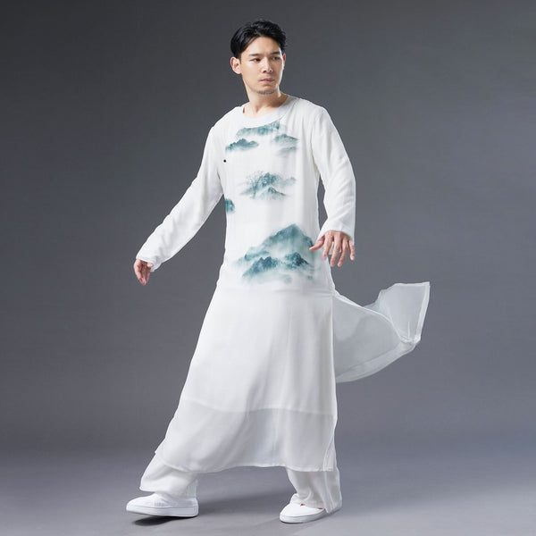 Men Classic Asian Style Linen Long Sleeve Round Neck Landscaping Printed Cheongsam