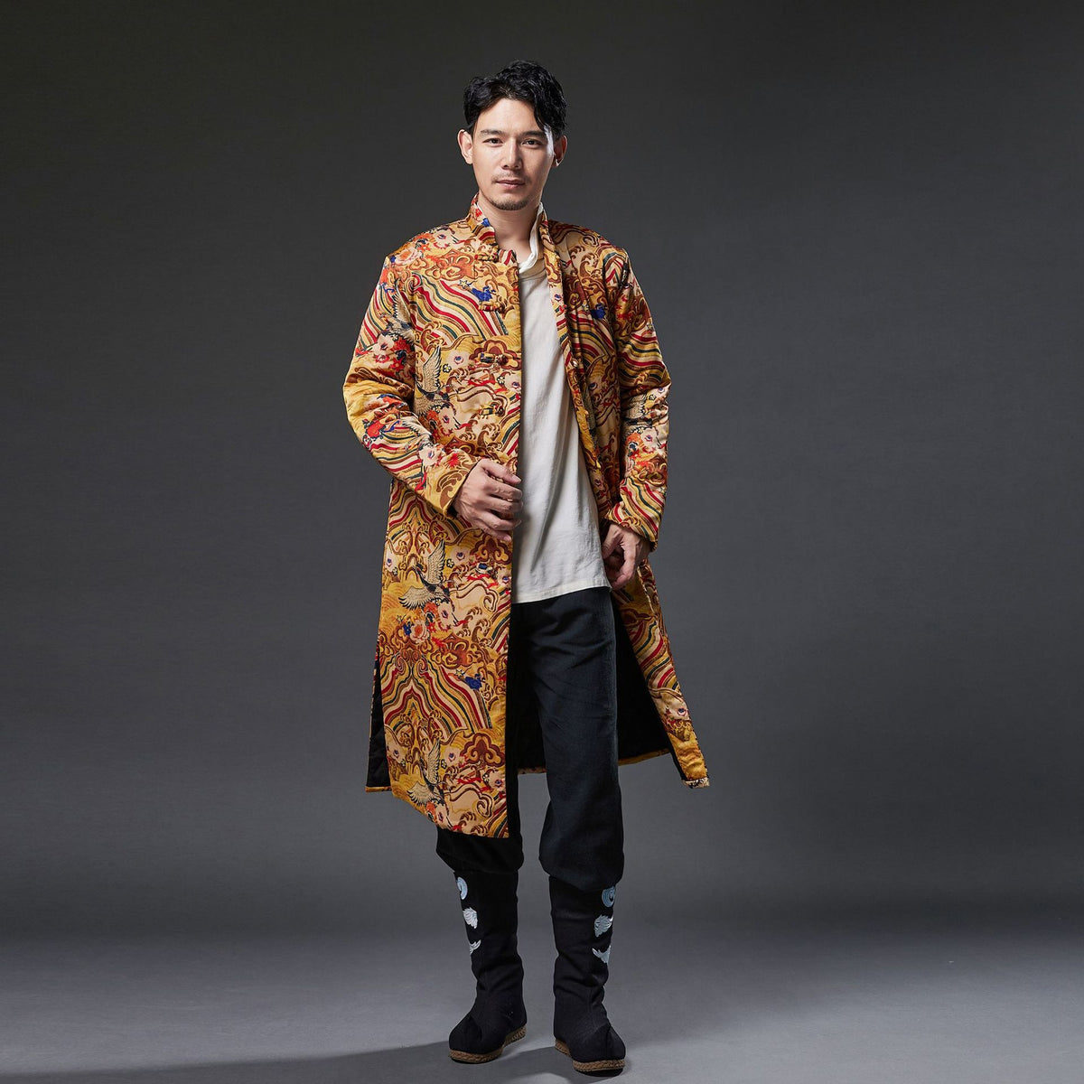 Winter NEW! Men Retro Chinese Pattern Printed Linen and Cotton Quilted Tunic Type Coat