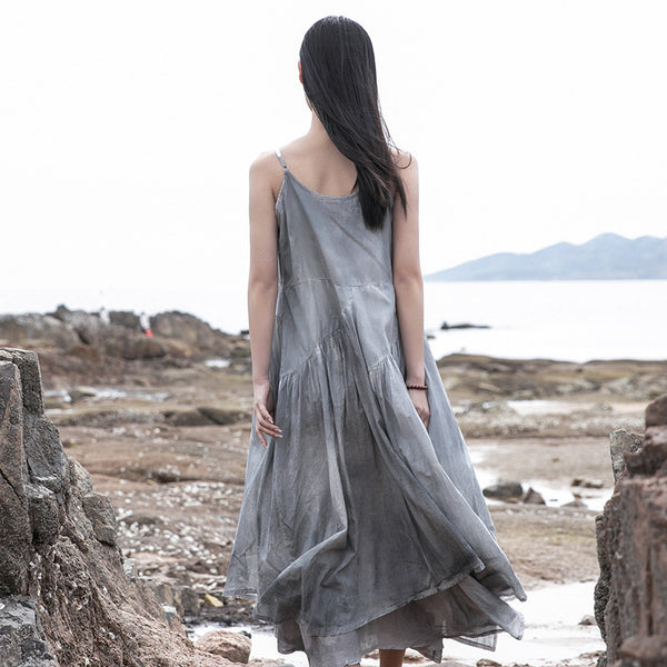 Women Loose Linen and Cotton Dyed Color Slip Dress