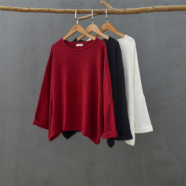 2021 Autumn NEW! Women Simple Loose Style Linen and Cotton Pure Color Round Neck T-Shirt
