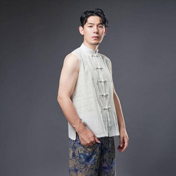 2022 Summer NEW! Men Ethnic Style Linen and Cotton Middle Buckle Vest