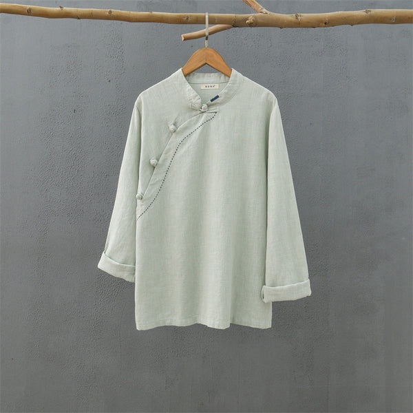 2021 Autumn NEW! Women Retro Style Linen and Cotton Side Buckle Collar Chinese Blouse