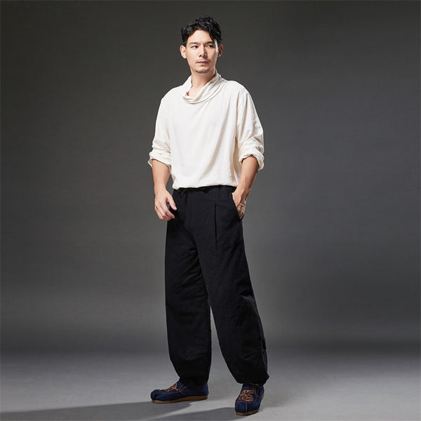 2021 Autumn NEW! Men Retro Style Linen and Cotton Loose Quilted Drawstring Pants