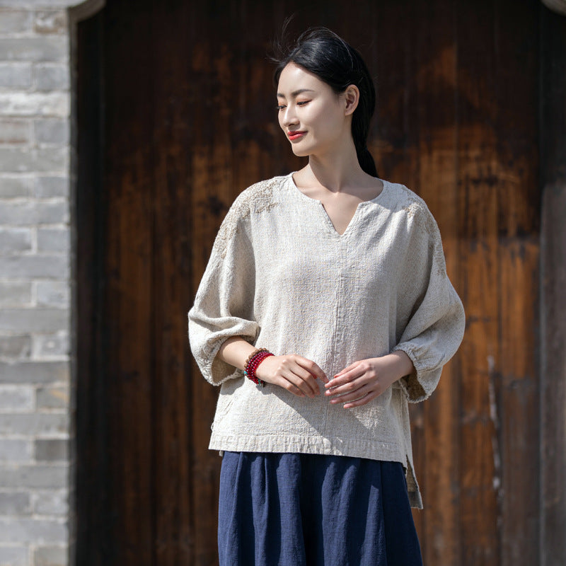 Summer NEW! Women Simple Style Wrinkled Linen and Cotton V Necked Bracelet Sleeves Shirt