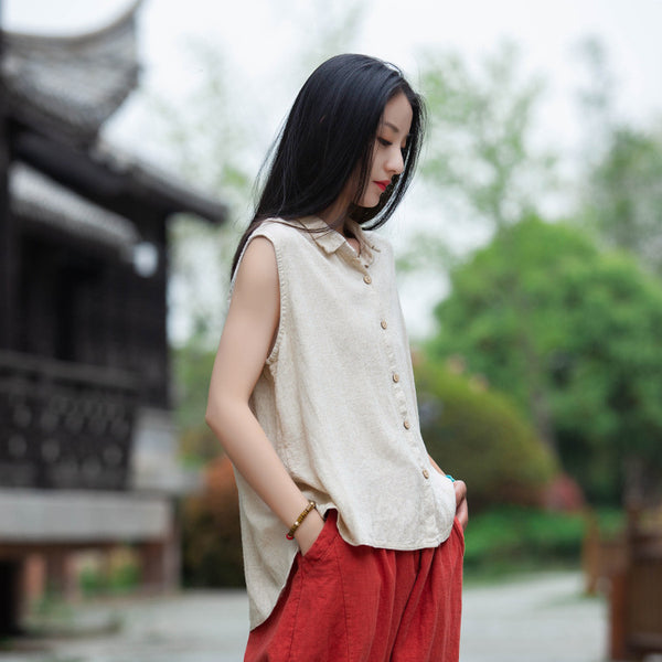 Women Sand-Washed Linen and Cotton Long Sleeveless Shirt