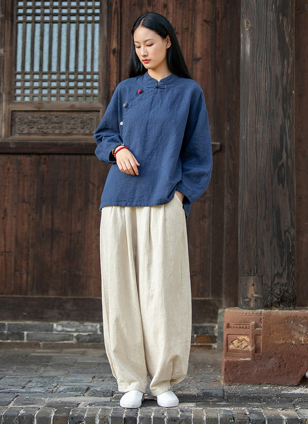 2021 Autumn NEW! Women Retro Chinese Style Linen and Cotton Side Buckle Collar Blouse