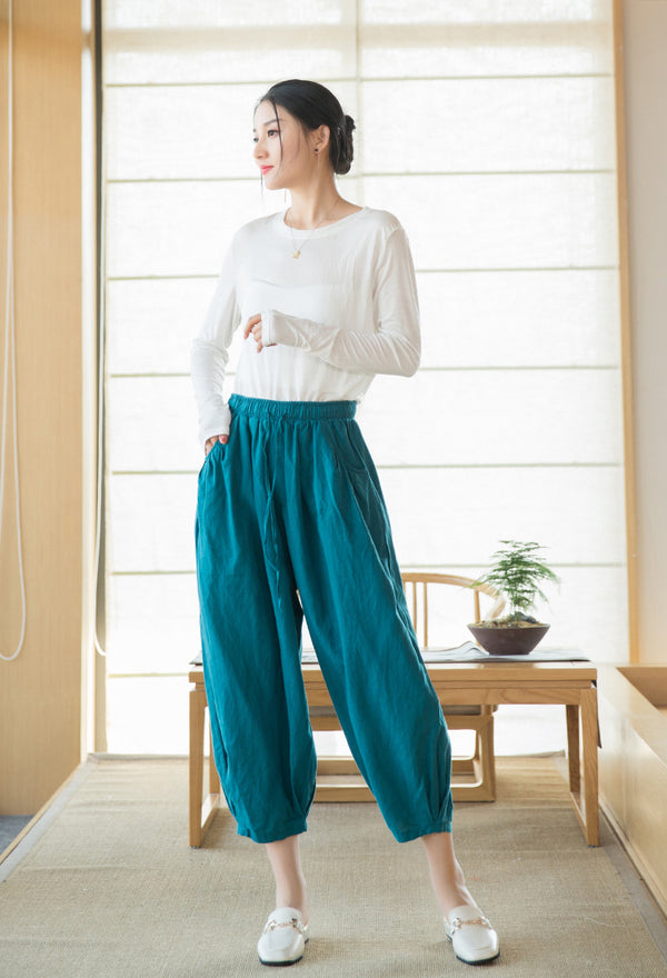 2022 Summer NEW! Women Modern Style Sand Washed Linen and Cotton Lantern Cropped Pants