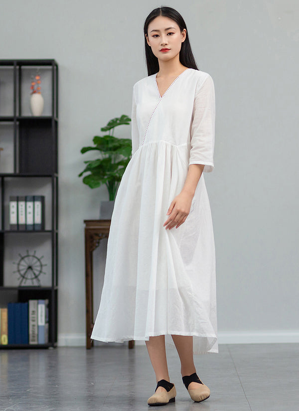 2022 Summer NEW! Women Loose Linen and Cotton V-Necked Middle Sleeve Maxi Dress