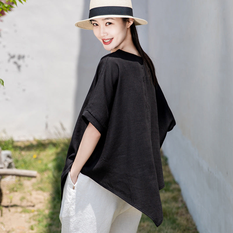 Summer NEW! Women Modern Style Linen and Cotton Round Necked Mid-length Sleeves Shirt