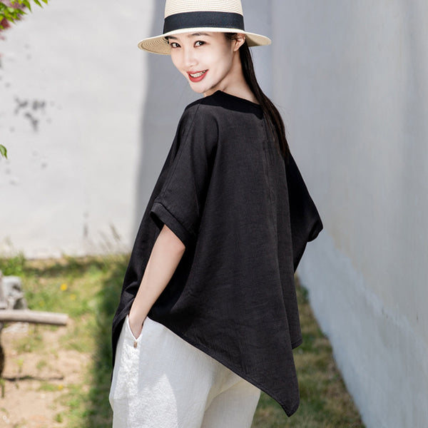 2022 Summer NEW! Women Modern Style Linen and Cotton Round Necked Mid-length Sleeves Shirt