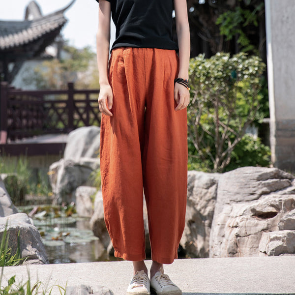 2022 Summer NEW! Women Simple Causal Lantern Style Sand Washed Linen and Cotton Cropped Pants