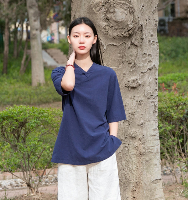 Women Asian Style Linen and Cotton Middle Sleeves Chinese Blouse