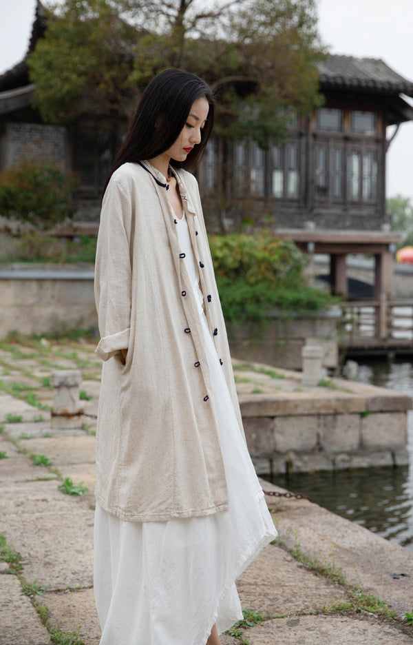 Women Round Collar Asian Style Linen and Cotton Long-sleeved Coat