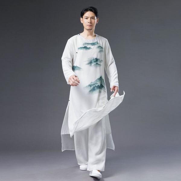 Men Classic Asian Style Linen Long Sleeve Round Neck Landscaping Printed Cheongsam