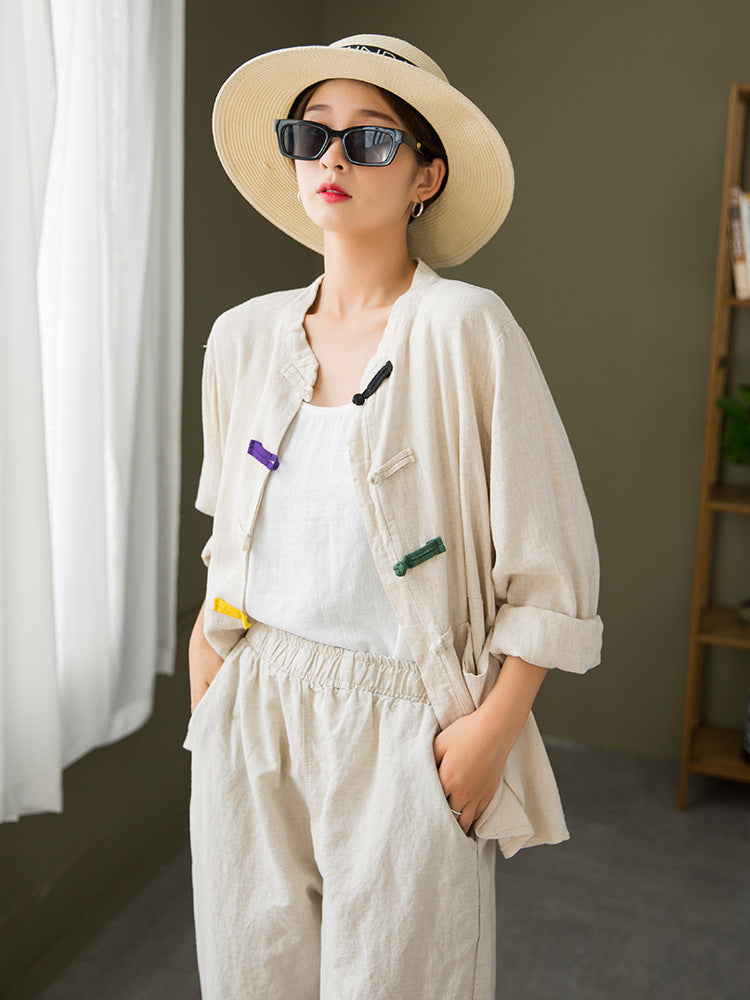 Autumn NEW! Women Round Collar Zen Style Linen and Cotton Long Sleeves Thin Cardigan Jacket and Pants