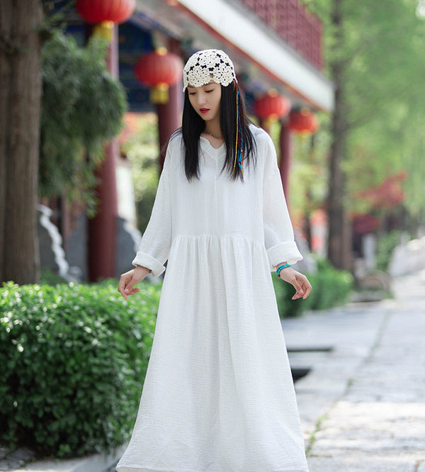 Women Loose Style Wrinkled Linen and Cotton Long Sleeve Dress