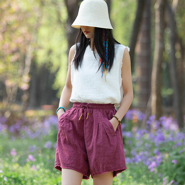 Women Simple Style Linen and Cotton Loose Shorts