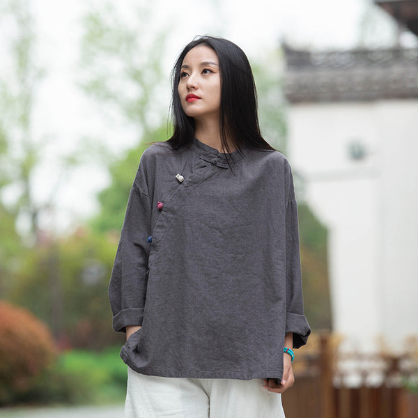 Women Round Collar Zen Style Linen and Cotton Long Sleeves Side Cardigan Shirt