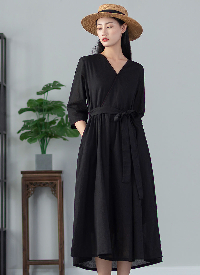 Summer NEW! Women Loose Linen and Cotton V-Necked Middle Sleeve Maxi Dress