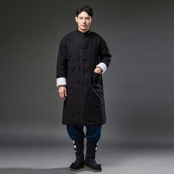 2021 Winter NEW! Men Retro Chinese Style Linen and Cotton Quilted Long Tunic Coat