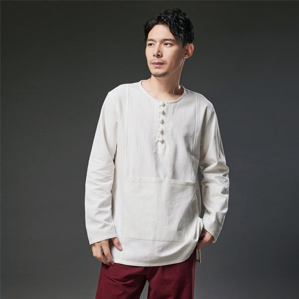 2021 Autumn NEW! Men Retro Style Linen and Cotton Pullover Long Sleeve T-shirt