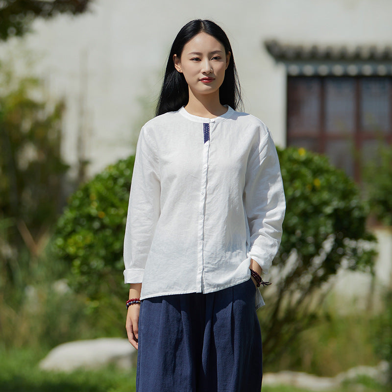 Autumn NEW! Women Simple Style Linen and Cotton Pure Color Light Cardigan Round Neck Shirt
