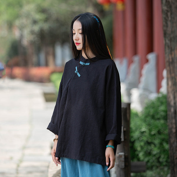 Women Sand-Washed Round Collar Zen Style Linen and Cotton Long Sleeves Side Cardigan Shirt