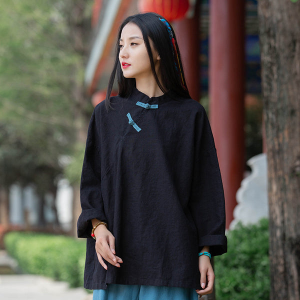 Women Sand-Washed Round Collar Zen Style Linen and Cotton Long Sleeves Side Cardigan Shirt