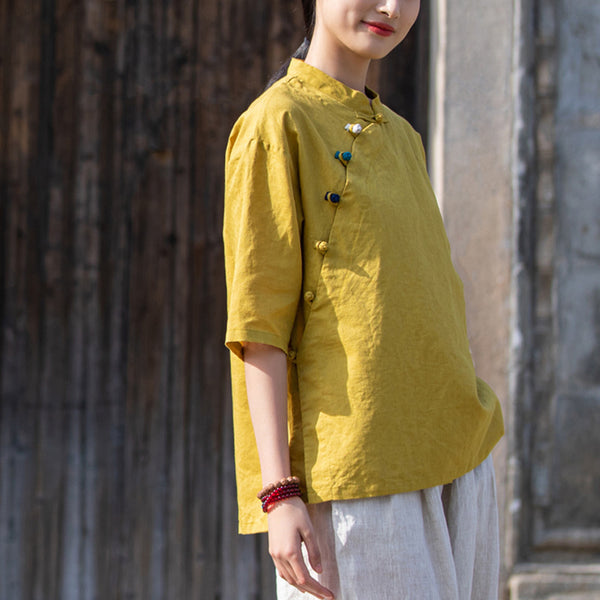 2022 Summer NEW! Women Chinese Ethnic Style Linen and Cotton Mid-length Sleeves Shirt