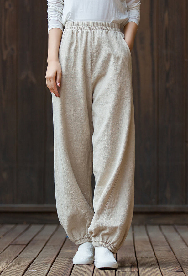 2022 Summer NEW! Women Sporty Style Lantern Leisure Sand Washed Linen and Cotton Pants