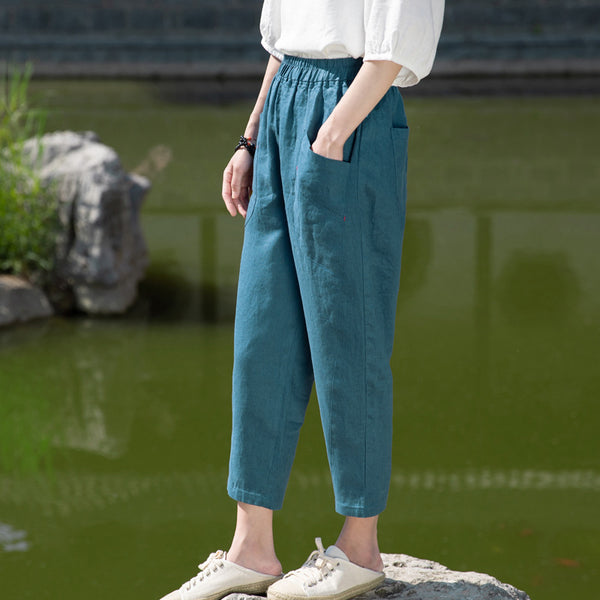 2022 Summer NEW! Women Retro Style Sand Washed Linen and Cotton Font Pocket Pegged Pants