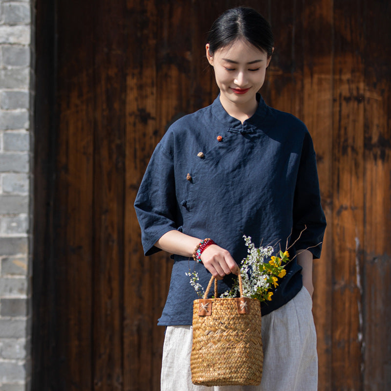 Summer NEW! Women Chinese Ethnic Style Linen and Cotton Mid-length Sleeves Shirt