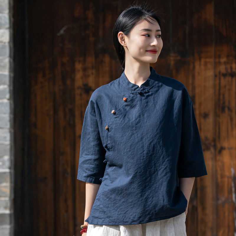 Summer NEW! Women Chinese Ethnic Style Linen and Cotton Mid-length Sleeves Shirt