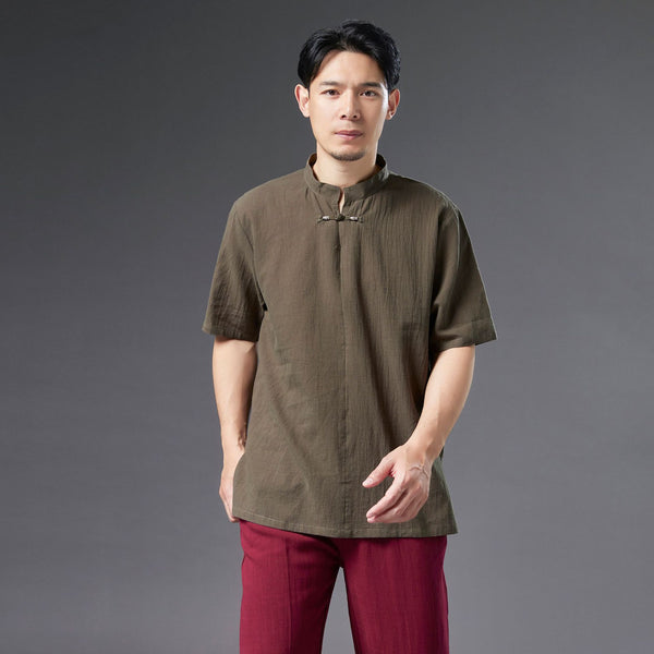 Men Causal Style Round Collar Buckle Linen and Cotton Short Sleeve Tops