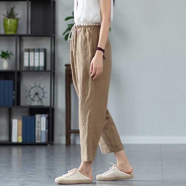 2022 Summer NEW! Women Retro Style Linen and Cotton Waist Belt Cropped Pegged Pants