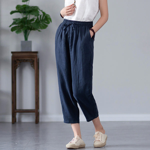 2022 Summer NEW! Women Causal Style Linen and Cotton Waist Belt Cropped Pegged Pants