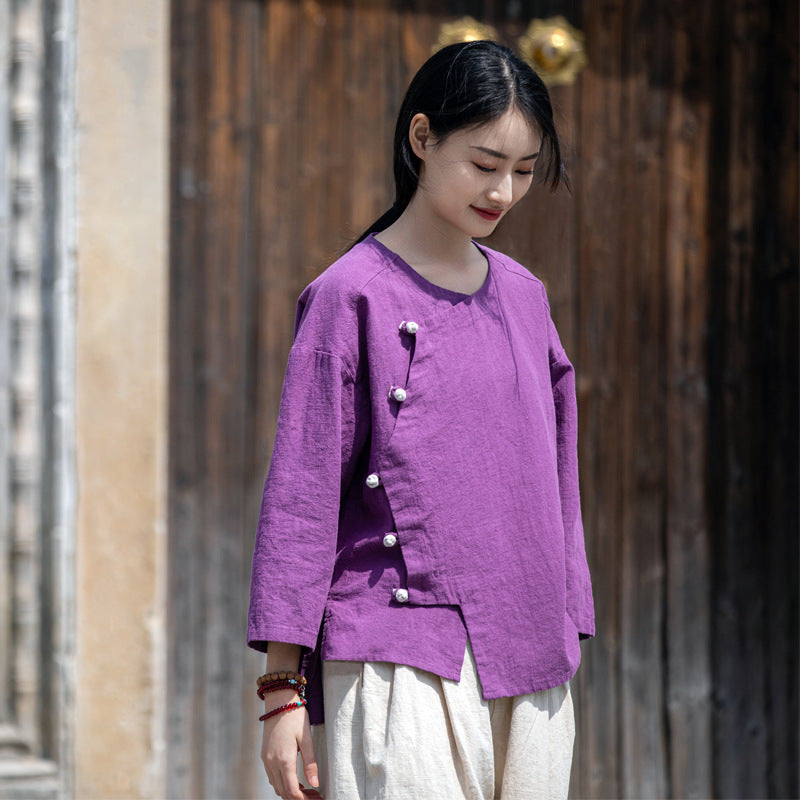 Summer NEW! Women Chinese Ethnic Style Wrinkled Linen and Cotton Bracelet Sleeves Shirt