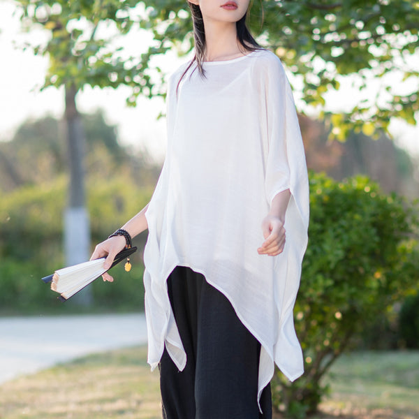 2022 Summer NEW! Women Modern Loose Style Linen and Cotton Round Necked Elbow Sleeves Shirt