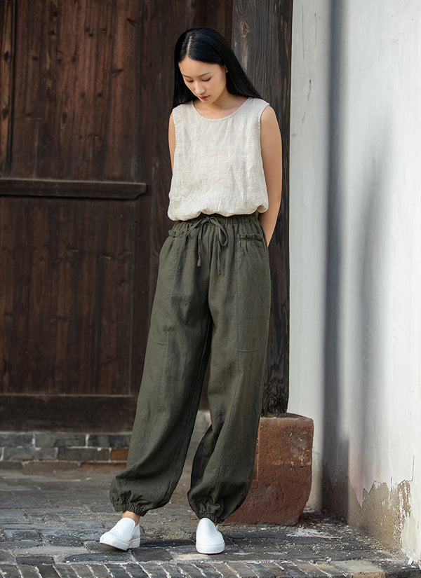 2021 Autumn NEW! Women Modern Causal Style Front Pocket Linen and Cotton Pants