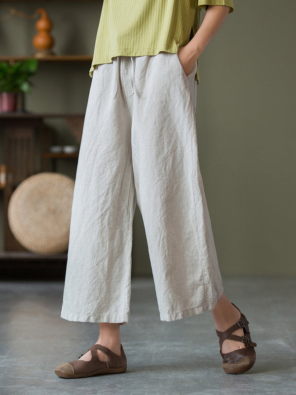 2021 Autumn NEW! Women Linen and Cotton Causal Cropped Wide Leg Pants