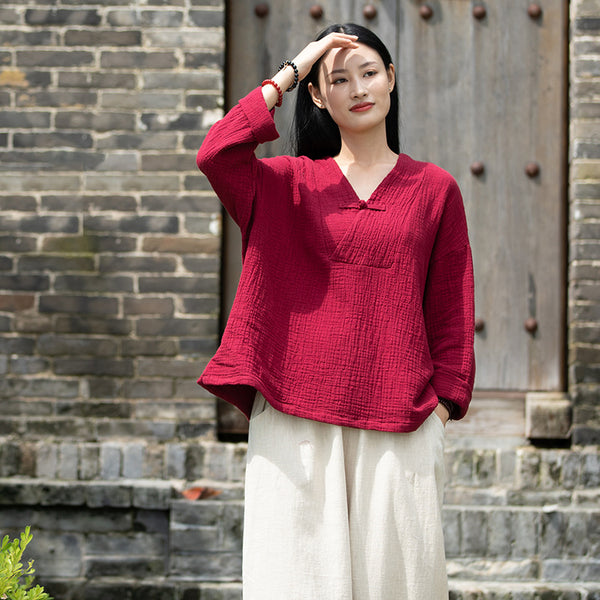 2021 Autumn NEW! Women Asian Style Linen and Cotton Long Sleeves V-necked Chinese Blouse